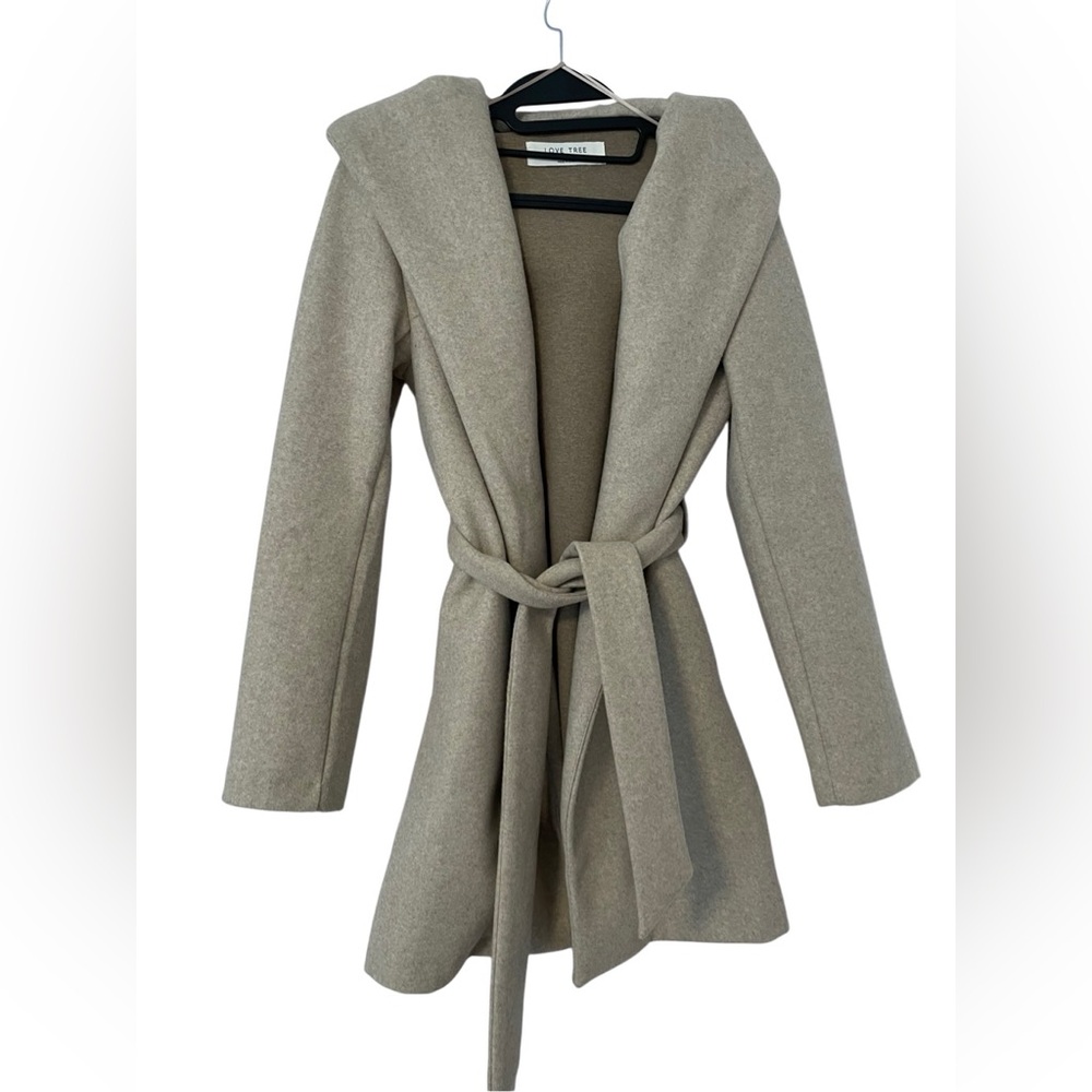 Love Tree Soft Beige Coat with Tie Waist, Pockets and Hood